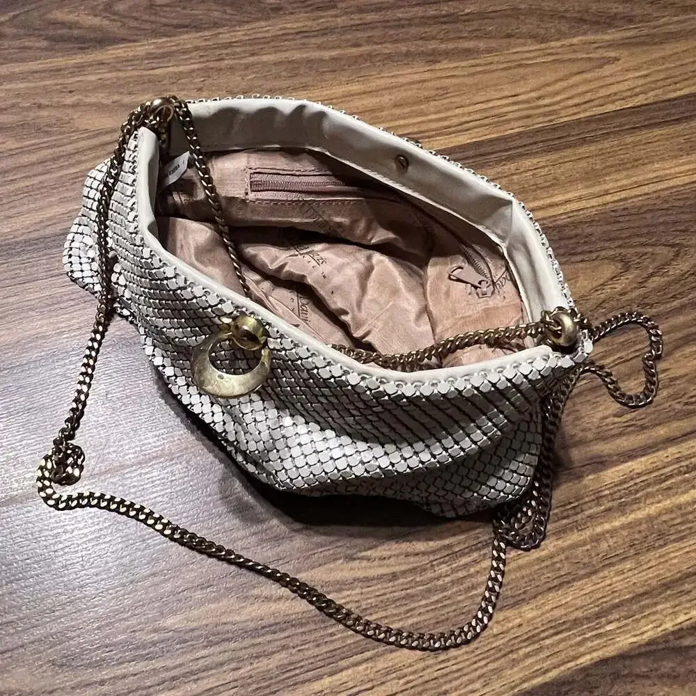 Whiting & Davis International Vintage White Metal Mesh Evening Bag with Gold Cha